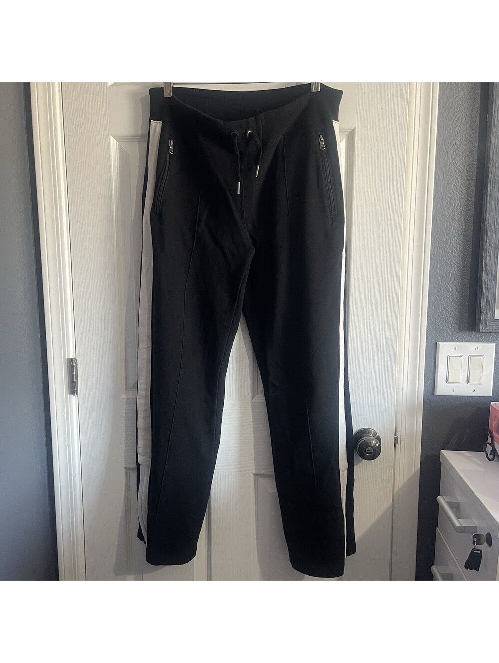 Polo Ralph Lauren Mens M Black Fleece White Side Stripe Track Pants Zipper Cuffs